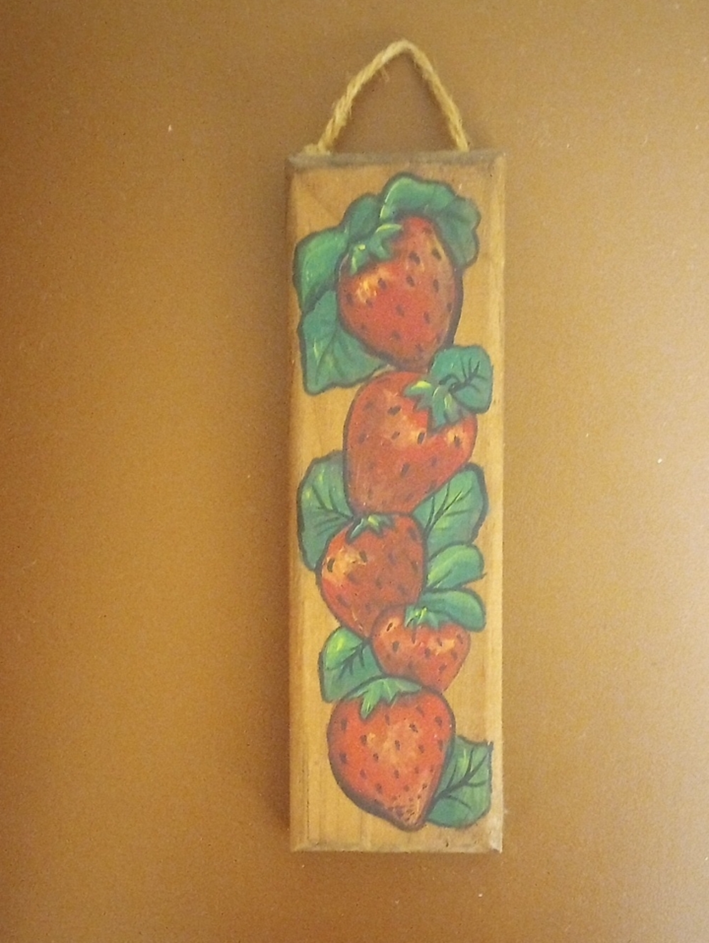 Vintage Hand Painted Wooden Strawberry Wall Plaque. Brown Red Green Black
